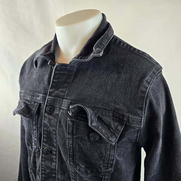 True Religion Jacket Mens Large Black Denim Trucker Casual Rocker Grunge Stretch - Picture 5 of 11